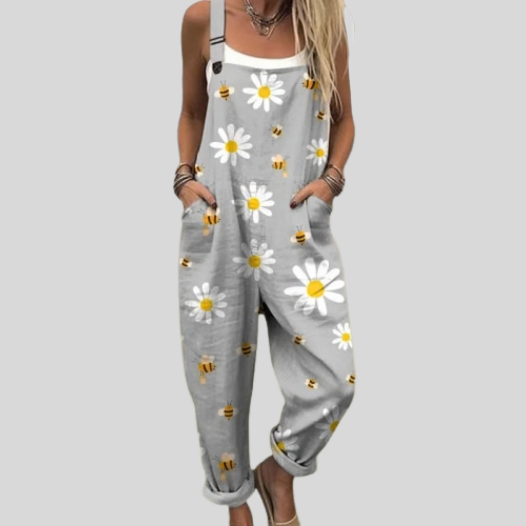 Peto gris con margaritas y abejas