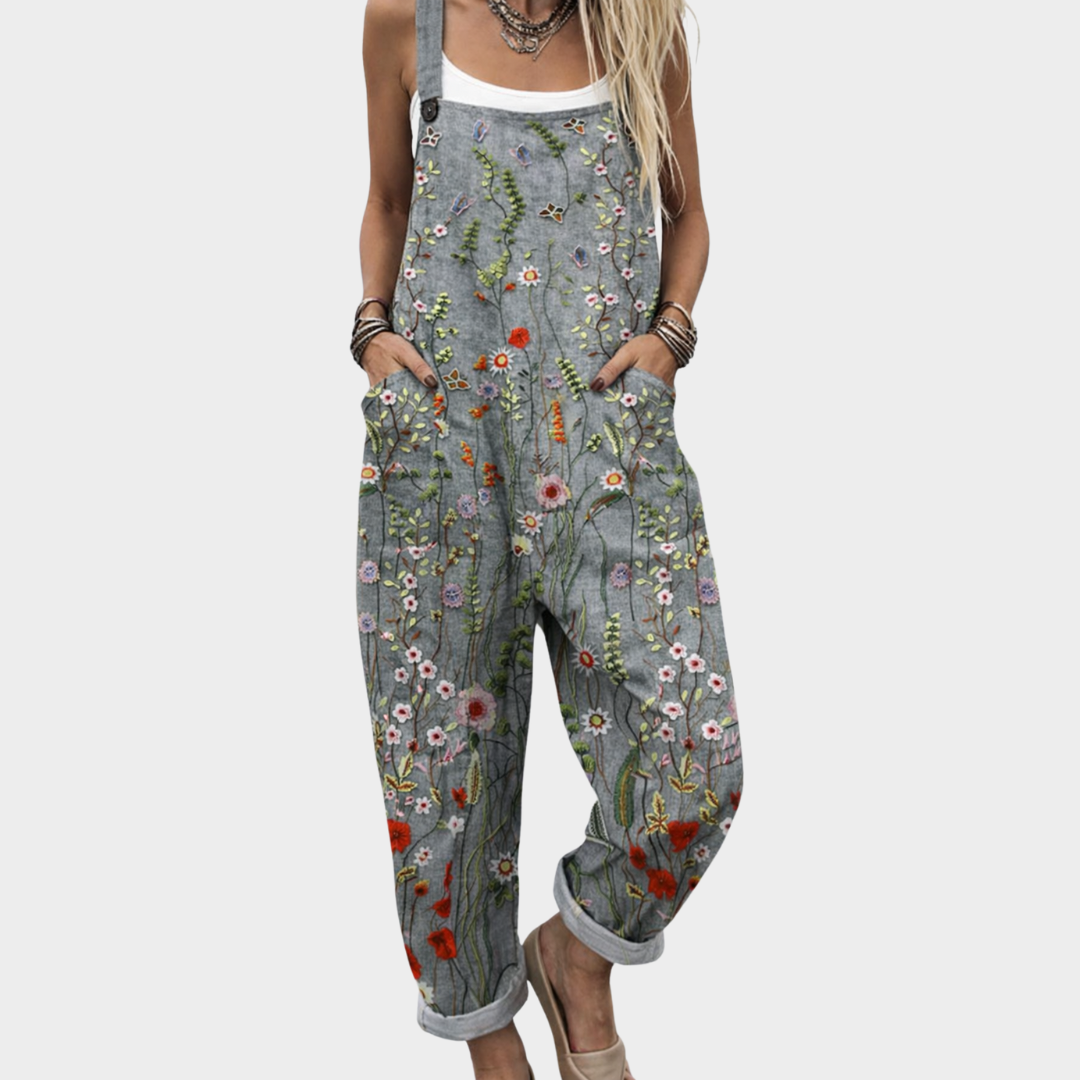 Peto gris con prado de flores